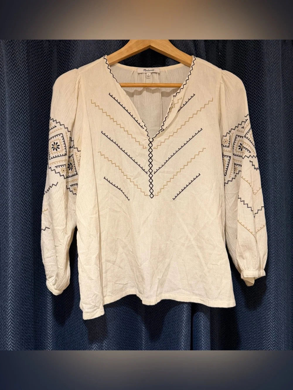Madewell Embroidered Peasant Top S Antique Cream 100% Cotton Boho